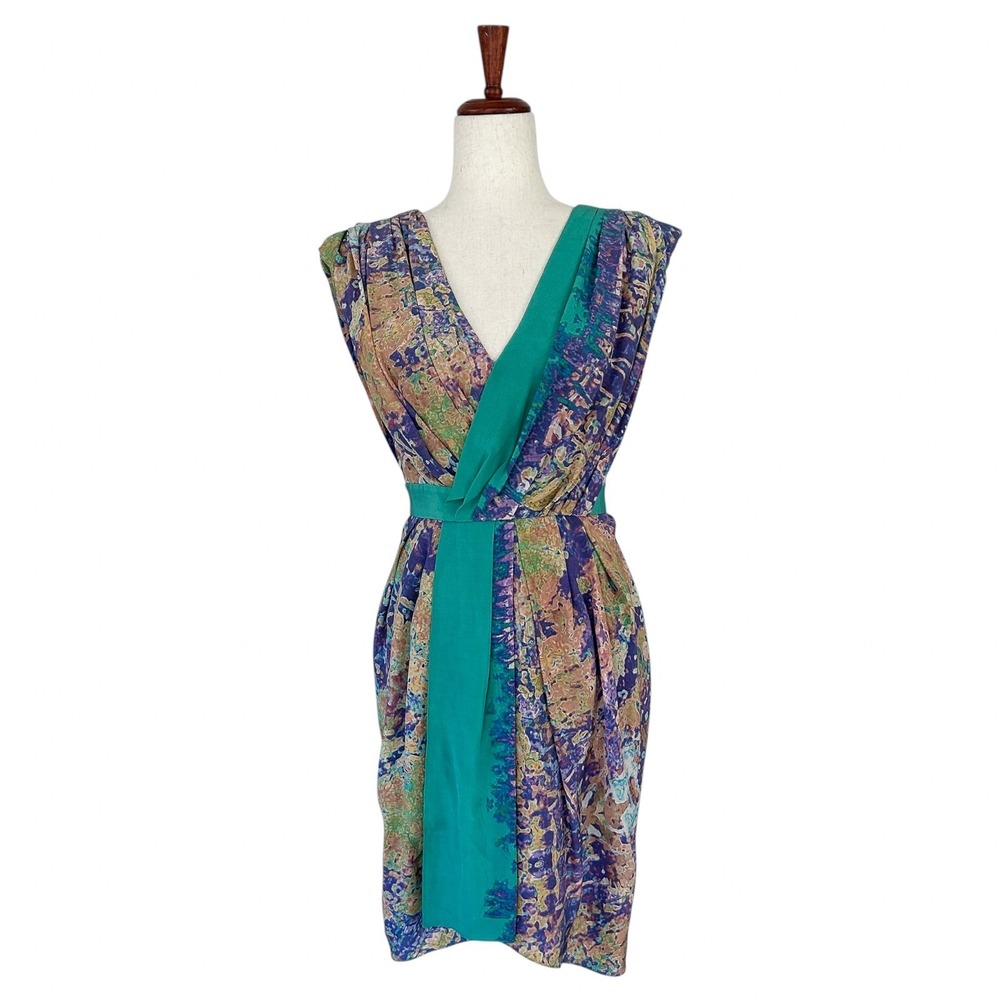 Tibi Dress 2 "Aruba Splash" Watercolor Silk Faux Wrap Cap Sleeve Midi V-Neck‎